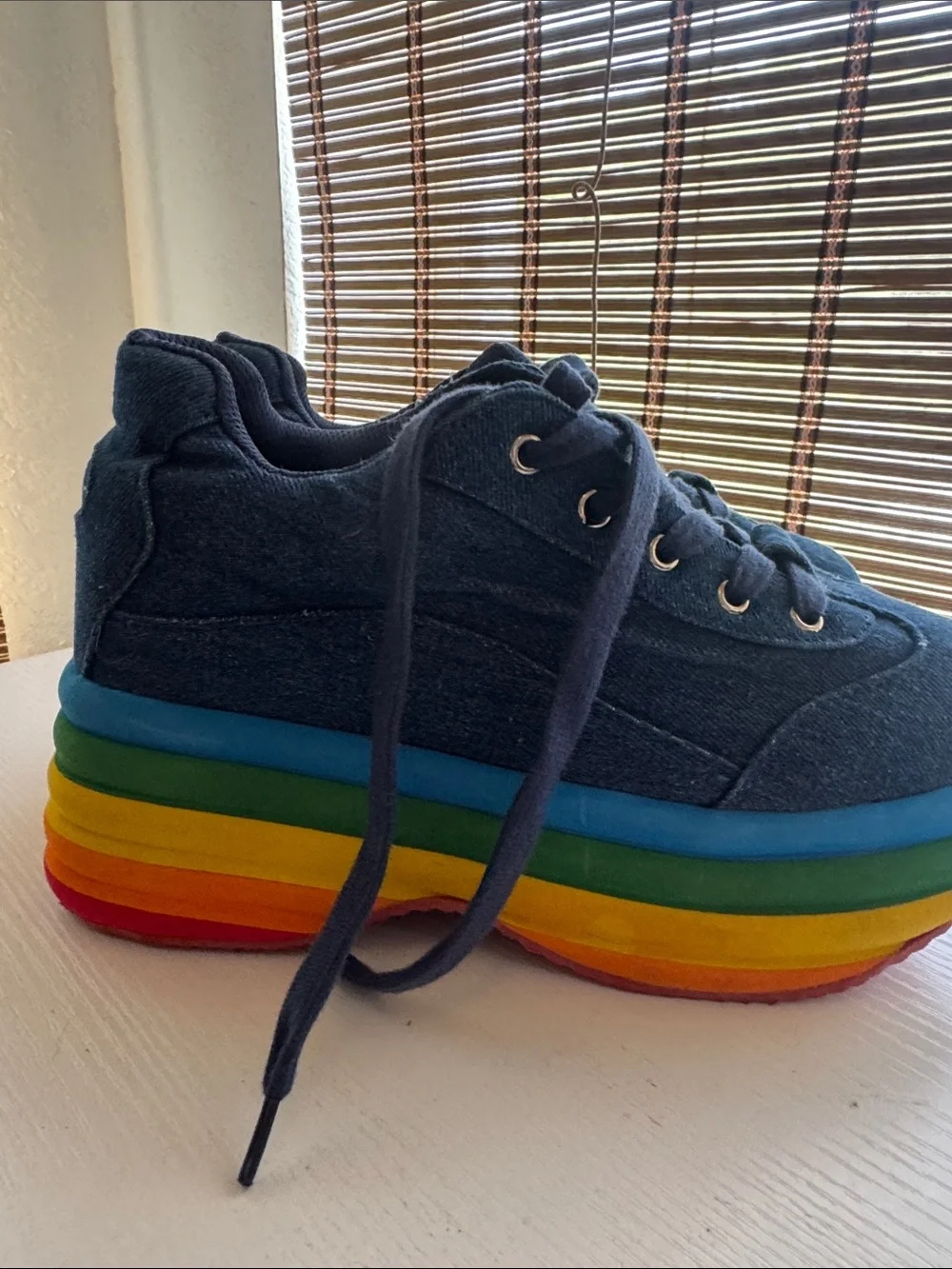 Jeffrey Campbell Navy Denim Platform Sneakers with Rainbow Layered Sole